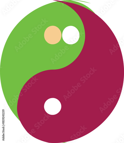 A stylized yin yang symbol in vibrant green and deep red colors with white and light orange circles representing the duality of nature and balance