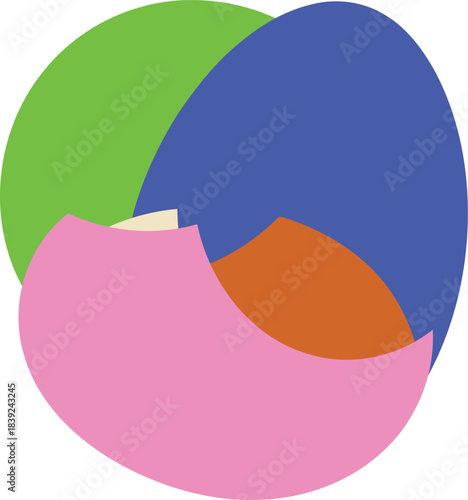 Abstract spherical design with overlapping segments in vibrant green blue pink and orange colors creating a dynamic and modern visual element