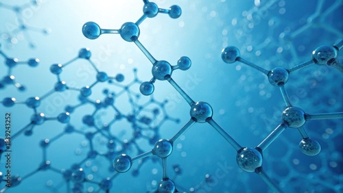 A close-up view of interconnected molecules in a blue environment, illustrating concepts of science, chemistry, and molecular structures.