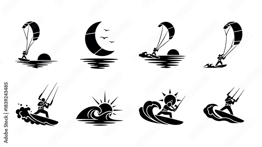 Fototapeta premium Dynamic kitesurfing silhouette collection featuring wave and sunset elements