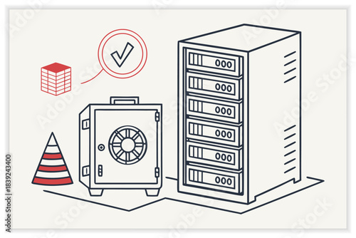 Modern Data Center Illustration Secure Cloud Server, Network Rack and Digital Infrastructure