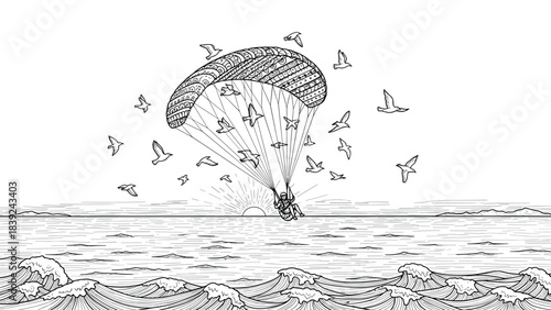 Intricate paragliding adventure over ocean waves with birds at sunrise
