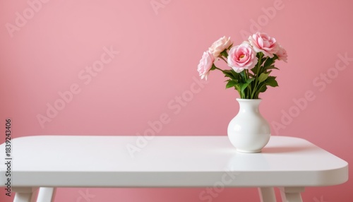 A harmonious position of a white table adorned with pink flowers in a vase, set against a soft pink background