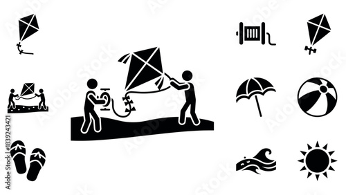 Silhouette kite flying with beach elements: umbrella, ball, and flip flops