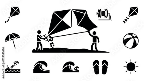 Kite surfing silhouette icons with beach elements: waves, flip flops, sun, and more