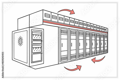 Modern Data Center Illustration Secure Cloud Server, Network Rack and Digital Infrastructure