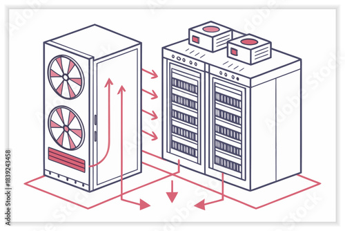 Modern Data Center Illustration Secure Cloud Server, Network Rack and Digital Infrastructure
