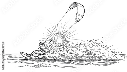 Energetic kite surfing adventure in dynamic wave sketch