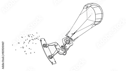 Energetic kiteboarding adventure with dynamic action lines and splashing waves