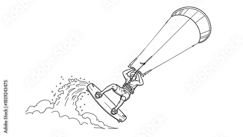 Dynamic kiteboarding adventure: black and white line art depiction of extreme sport action