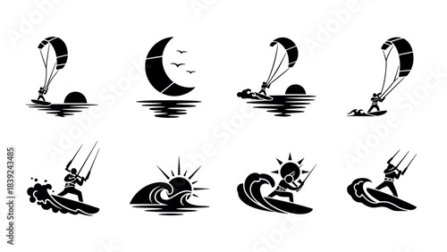 Dynamic kitesurfing silhouette collection featuring wave and sunset elements