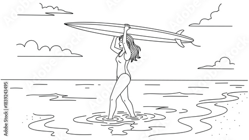Woman with surfboard in ocean: minimalist black and white line art