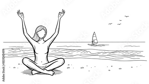 Peaceful beach yoga: mindful meditation with ocean scene and sailboat in line art