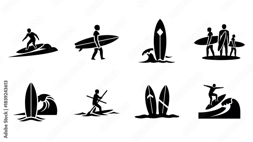 Fototapeta premium Silhouette surfing icons set: surfboards, waves, and surfers in action