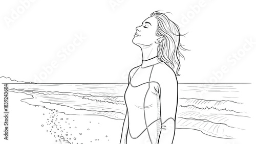 Serene beach moment: woman in wetsuit enjoying ocean breeze scene