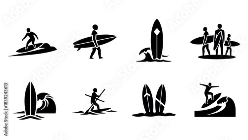 Silhouette surfing icons set: surfboards, waves, and surfers in action