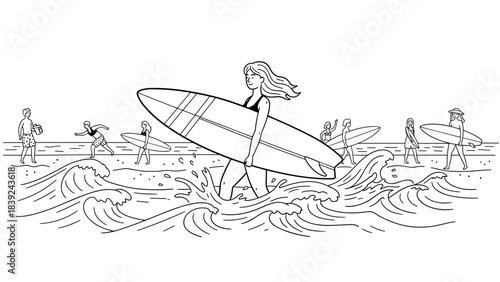 Surfer woman walking through waves on busy beach in outline style