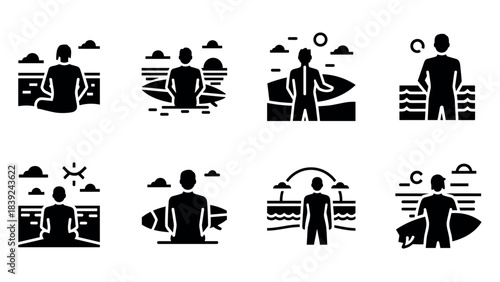 Surfer silhouettes at ocean beach during sunset: iconic surfing scenes in minimalist design