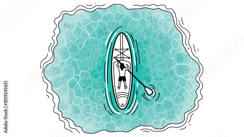 Top view of man paddleboarding on calm turquoise water