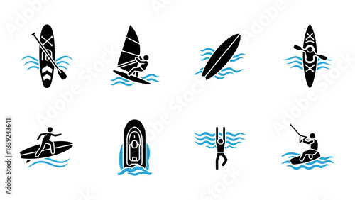 Water sports icons set: paddleboarding, windsurfing, kayaking, surfing, boating