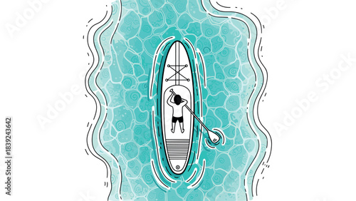 Person paddleboarding on calm water with top view illustration and doodle style waves