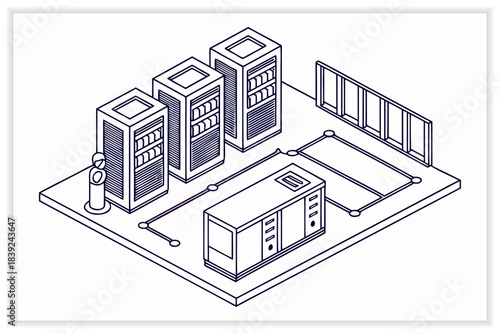 Modern Data Center Illustration Secure Cloud Server, Network Rack and Digital Infrastructure
