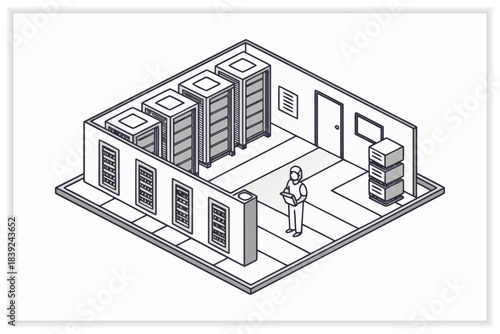 Modern Data Center Illustration Secure Cloud Server, Network Rack and Digital Infrastructure