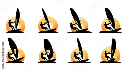 Sunset windsurfing silhouettes: dynamic water sport against orange horizon