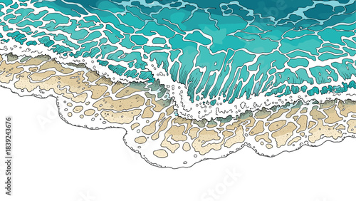 Abstract ocean waves meeting sandy beach with white foam