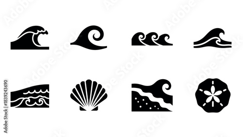 Ocean icons set: wave, shell, and sand dollar silhouettes for beach designs