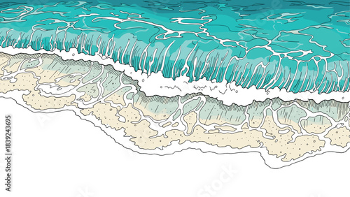 Hand-drawn ocean waves crashing onto sandy shoreline with turquoise waters