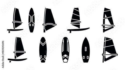 Silhouette collection of wind surfing boards and sails in minimalist style