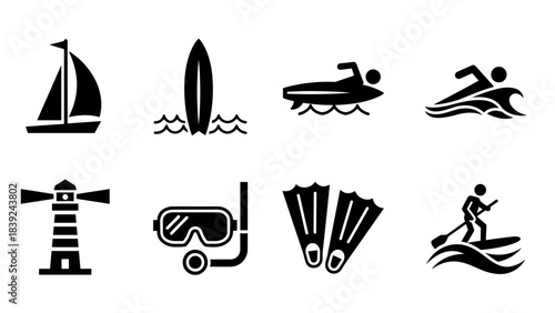 Water sports and marine symbols in black silhouette style