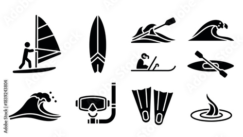Water sports icons: windsurfing, kayaking, snorkeling, and surfing activities