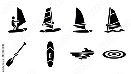 Minimalist silhouette icons of paddleboards, windsurfing, and water sport elements