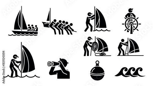 Sailing icons collection: nautical sports and seafaring activities in black silhouette