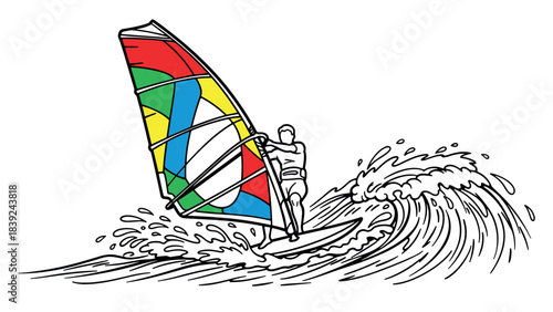 Colorful windsurfer riding a wave in dynamic line art style