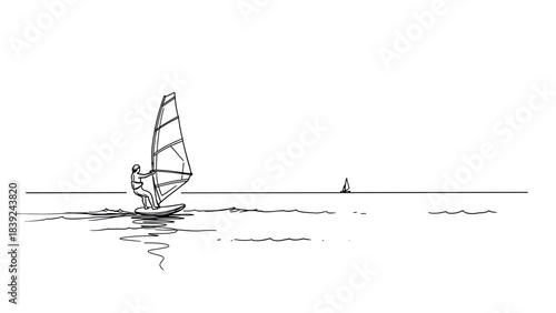 Minimalist line art of windsurfer on open sea with sailboat in distance