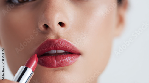 Red lipstick beauty makeup closeup female lips cosmetic lip color skincare elegance. Soft closeup of female lips applying red lipstick, smooth texture and natural glow evoke confidence and allure