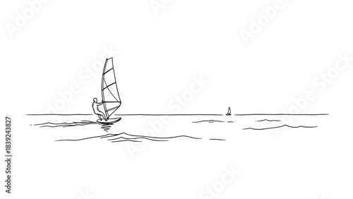 Minimalist line drawing of windsurfer on calm sea with distant sailboat