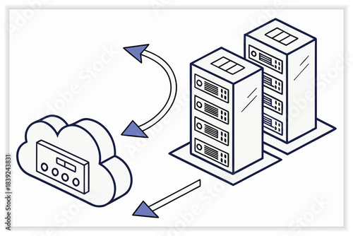 Modern Data Center Illustration Secure Cloud Server, Network Rack and Digital Infrastructure