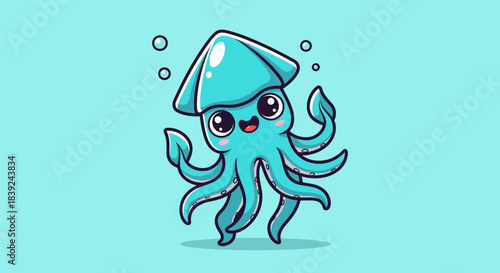 Cute cartoon squid swimming in the ocean with a happy expression and bubbles.