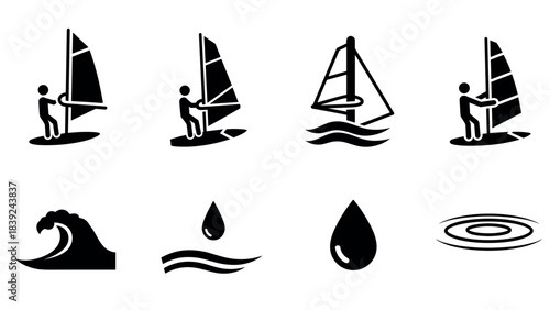 Sailing and water activity icons: windsurfing and aquatic symbols in monochrome design