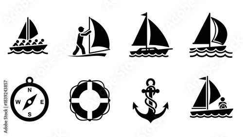Nautical icons collection: boats, sailing, and maritime symbols in black silhouette