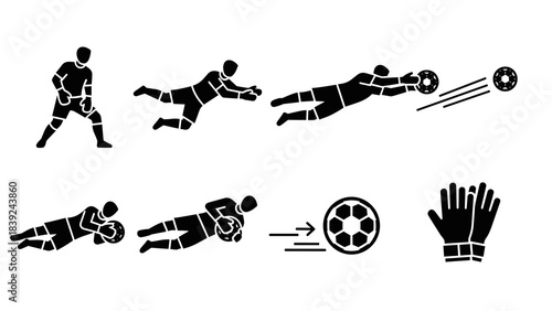 Silhouette goalkeeper actions: diverse catching and diving poses