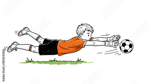 Goalkeeper saves the day: young soccer player diving for the ball in sketch art style
