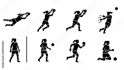 Silhouette female soccer goalkeeper actions: catching, diving, kicking, running