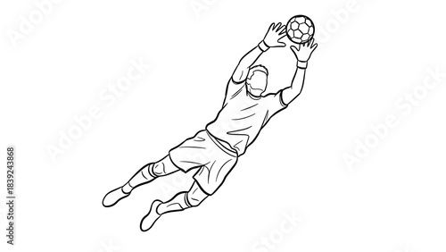 Dynamic soccer goalie making a diving save in outline style