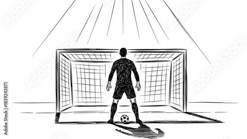 Sketch style soccer player ready for penalty kick in front of goal
