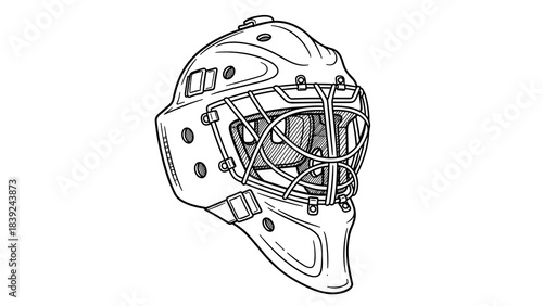 Detailed sketch of a goalie helmet with cage and ventilation holes in black and white